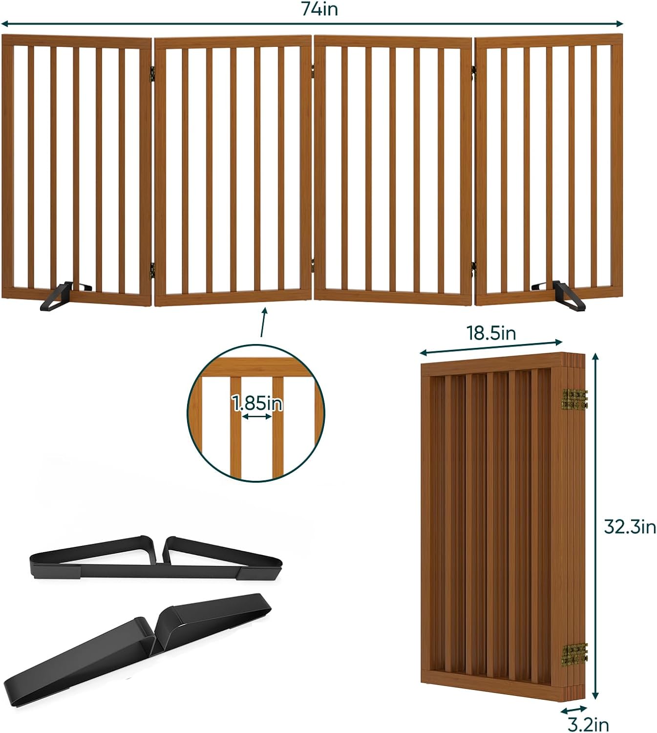 Freestanding Dog Gates Indoor, 3-Panel Pet Gates with 2 Metal Stands and 360° Hinge, 24" H Foldable Dog Gate for Stairs, Doorway, Kitchen, Expands Up to 55" Fully Assembled - Black Walnut