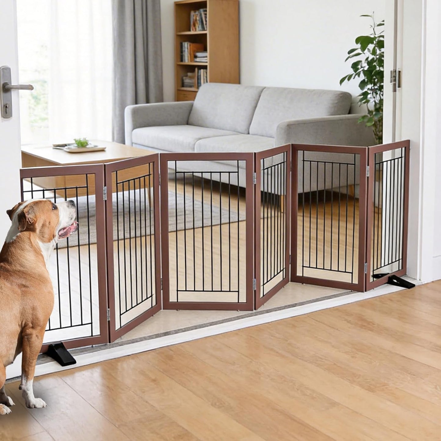 ZJSF Freestanding Dog Gate Indoor, Foldable Dog Fence for Doorways,Hallways or Stairs, Sturdy Wood Extra Wide Pet Gate with Support Feet,Black,24 "Height-3 Panels