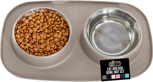 GORILLA GRIP Feeding Mat Set, Patent Pending 100% Waterproof BPA Free Silicone, Stainless Steel Cat and Dog Bowls, Slip Resistant, 1 Black mat/tray with 2 stainless steel bowls