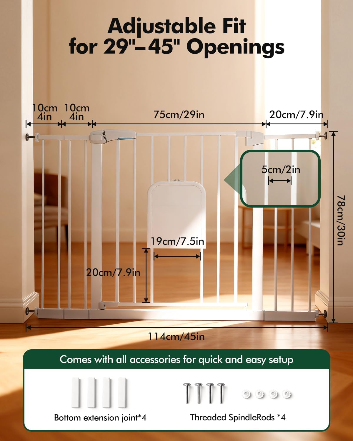 Pet Gate with Adjustable Cat Door, 31–46 Inch Pressure Mounted Dog Gate for Doorways, Stairs and Hallways, Auto Close Walk Through Metal Safety Gate, Easy Install, White