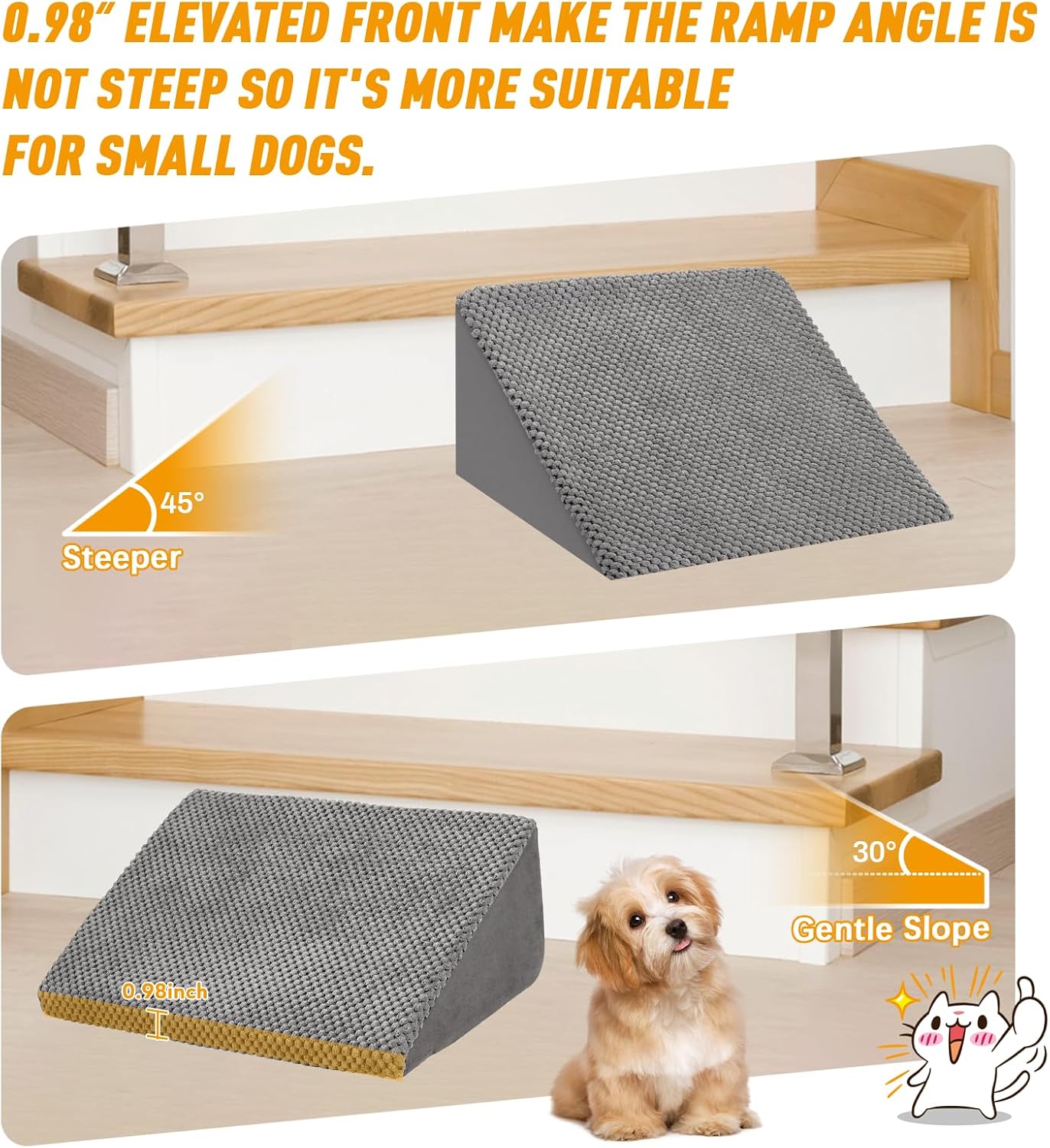 40D Dog Ramp for Stairs for Small & Senior Dogs and Cats – Non-Slip Stair Ramp for Dogs with Gentle Slope, Pet Ramp with Washable Cover & Self-Sticky Pads for Safe Climbing Easy Install(Grey, 3 Pack)