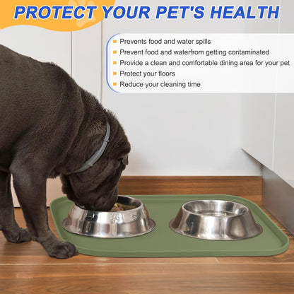 Small Silicone Pet Food Mat with Raised Edge for Food and Water Bowl, Square Dog Feeding Mats, Cat Food Trays for Floor Waterproof, Rubber Tray for Dogs and Cats, 12 x 12 x 0.7 Light Olive Green