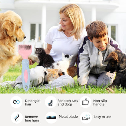 HOP Pink Professional Pet Dematting Comb with Handle Stainless Steel Dematting Fur Rake Brush Pet Grooming Tool for Long-Haired Dogs and Cats Remove Loose Hair Mats Knots Tangles