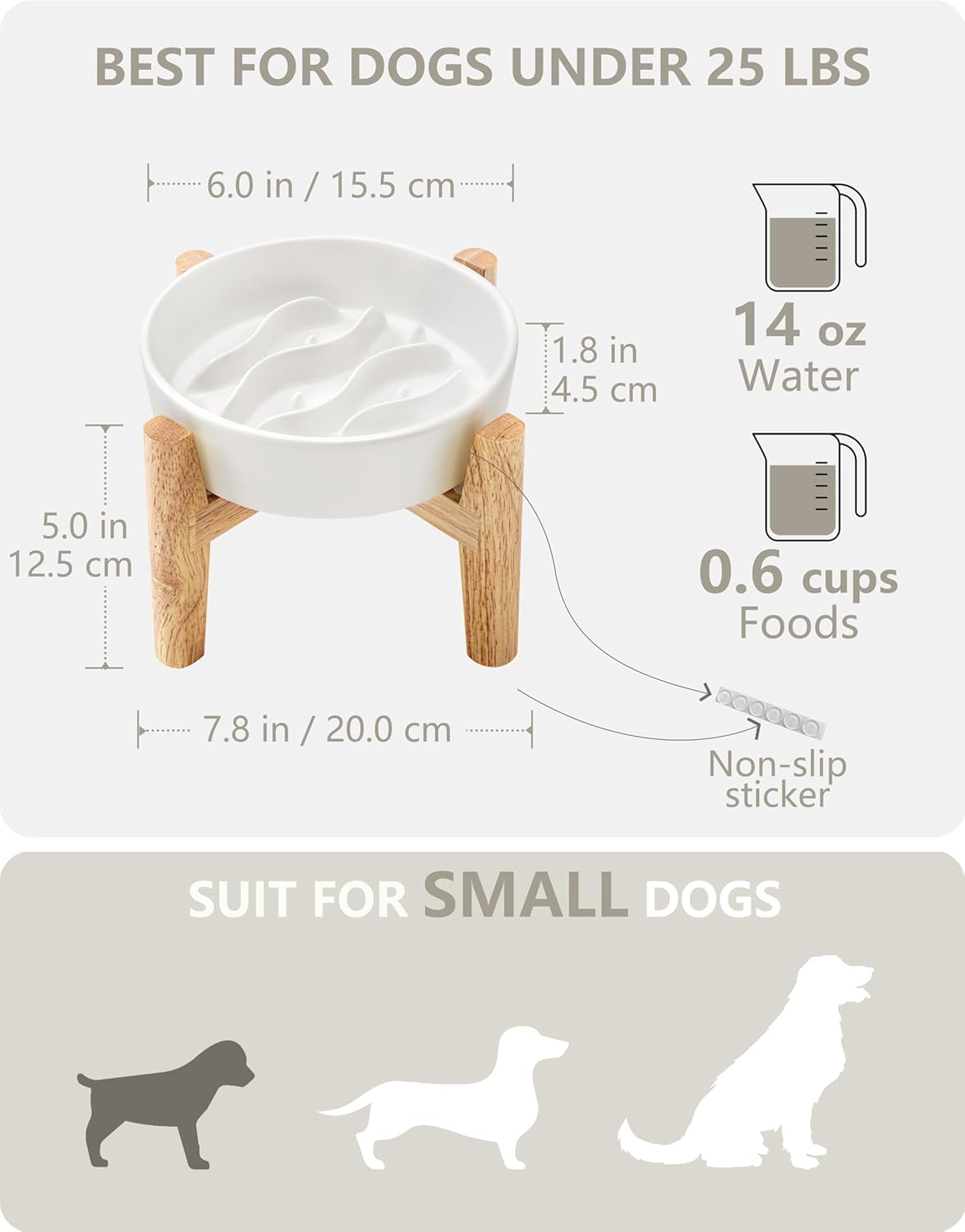 Ceramic Slow Feeder Dog Bowls for Medium and Large Dogs, 2.0 Cups Dog Slow Feeder for Fast Eater, 30oz, 8in, White