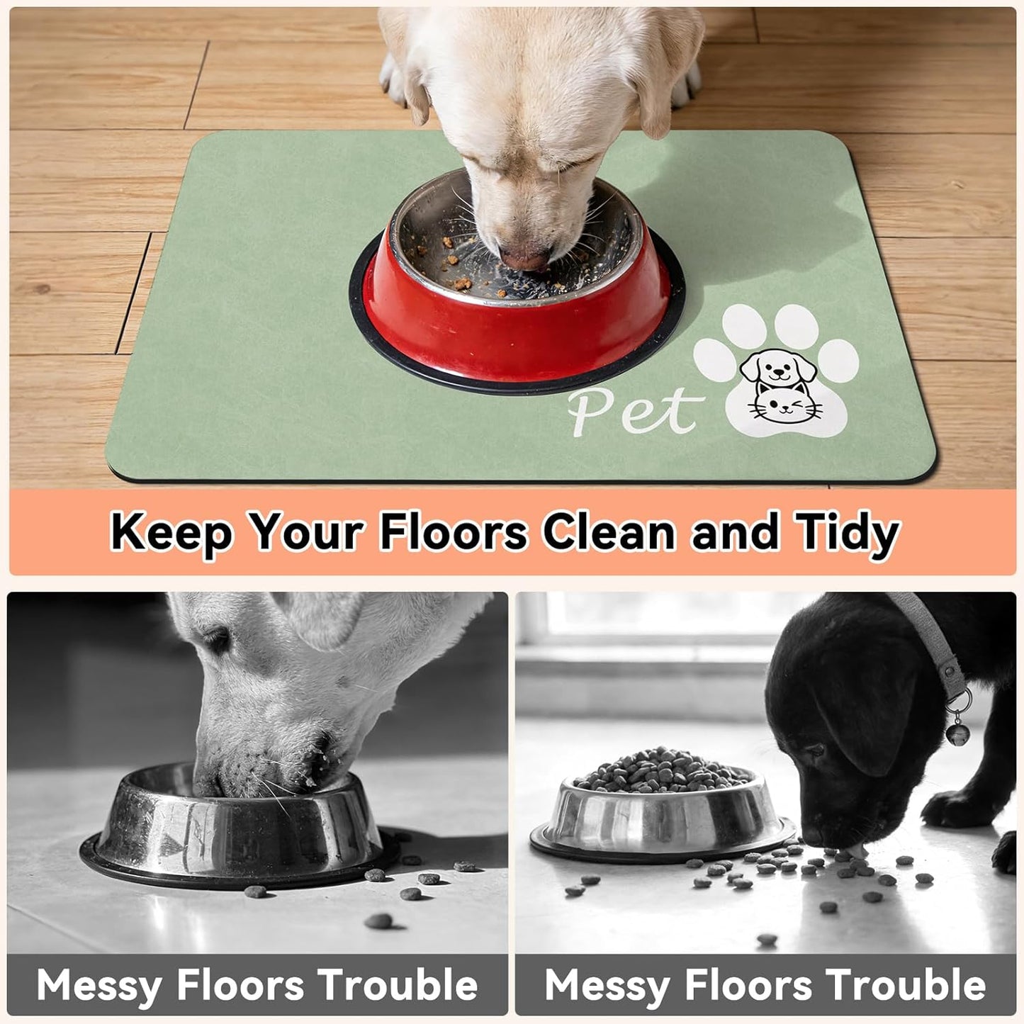 Dog Food Mat - Absorbent Cat Dog Bowl Mat for Food and Water, Quick Dry Pet Food Mats for Floors with Waterproof Rubber Backing, Puppy Cat Feeding Mats for Messy Drinkers,12"x20", Dark Grey