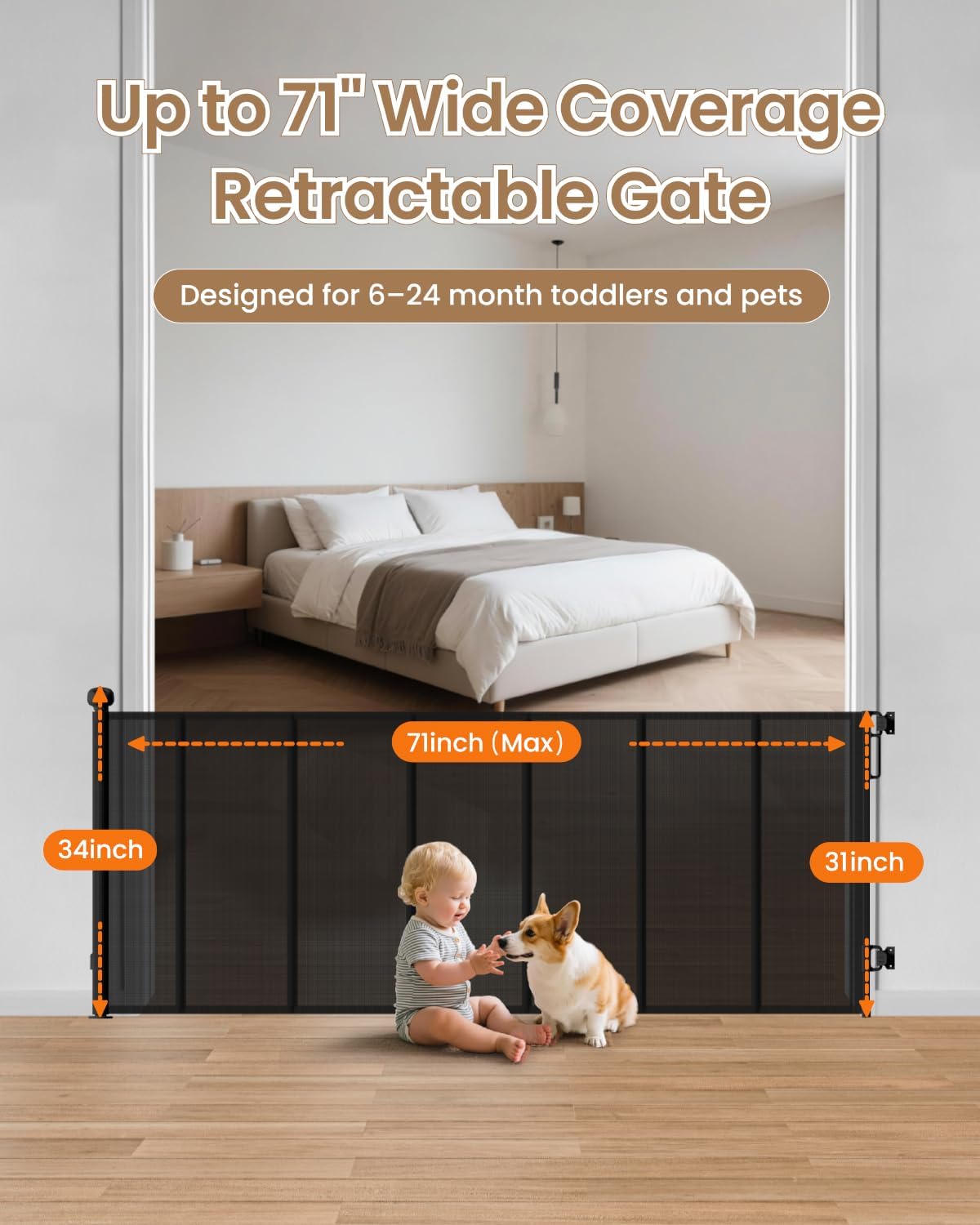 Retractable Baby Gate, 55" Wide Mesh Gate with 4 Reinforced Rods, Prevents Kids & Dogs from Crawling Under, 34" Tall Easy-to-Use Pet Gate for Stairs, Bedrooms, Hallways, Indoor/Outdoor, White
