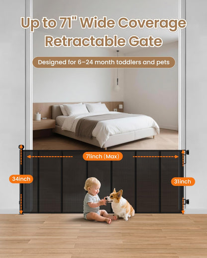 Retractable Baby Gate, 55" Wide Mesh Gate with 4 Reinforced Rods, Prevents Kids & Dogs from Crawling Under, 34" Tall Easy-to-Use Pet Gate for Stairs, Bedrooms, Hallways, Indoor/Outdoor, White