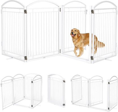 Full Metal Free Standing Dog Gate with Door for Indoor & Outdoor,96'' Extra Wide 32'' Tall Dog Gate for The Doorways,Large Openings,Decks,Porch,Pet Freestanding Safety Fence(4 Panels,Black)