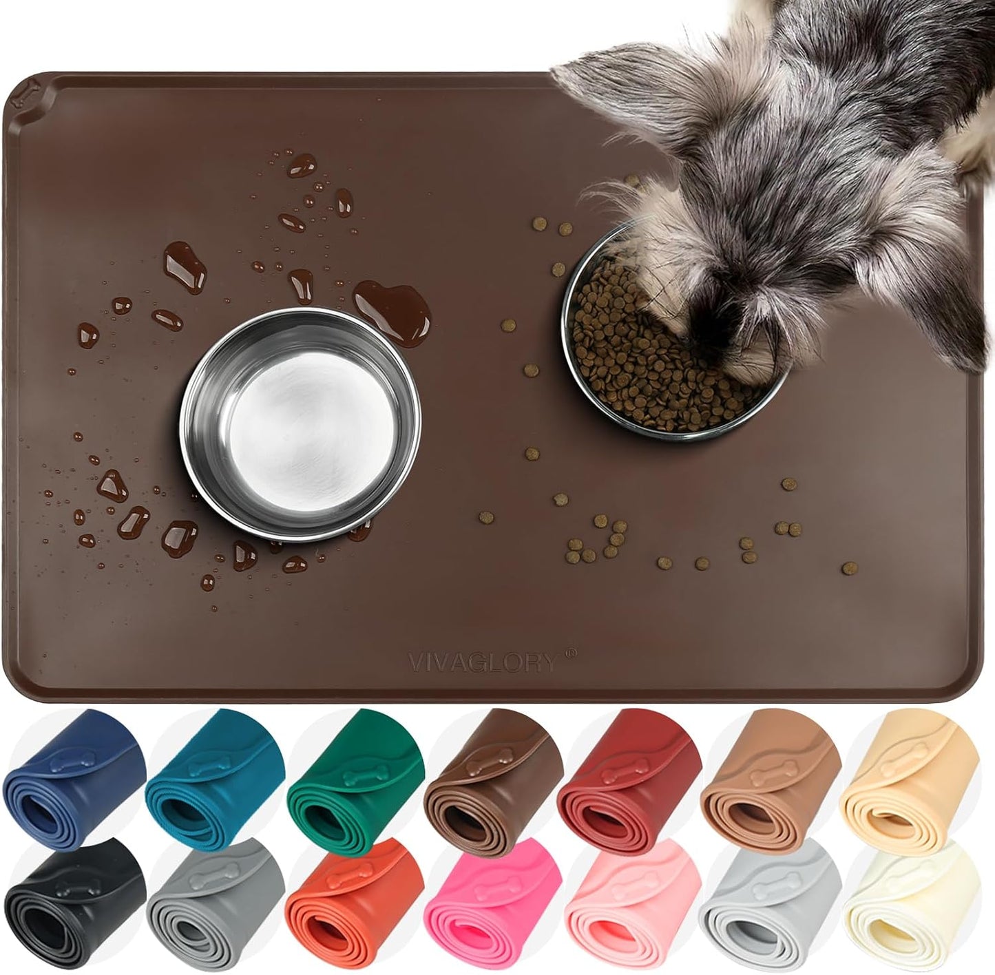 VIVAGLORY Dog Food Mat Flexmat Dog Bowl Mat, Placemat Food Tray with Raised Edges & Lip for Indoor Floor, Non Slip Waterproof Silicone Dish Placemat for Cat & Pet, S, Grey