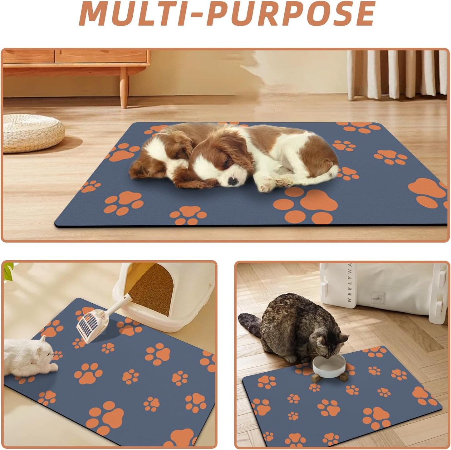 18"×30" Dog Food Mat-Absorbent Dog Mat for Food and Water, No Stains Quick Dry Cat Food Bowl Mat with Footprints for Messy Drinkers,Dark Grey