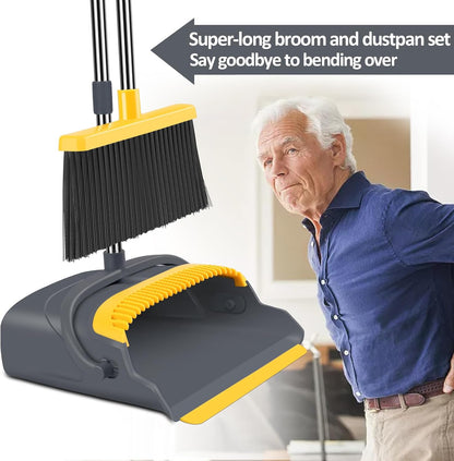 Upgrade Broom and Dustpan Set, Self-Cleaning with Dustpan Teeth, Indoor&Outdoor Sweeping, Ideal for Dog Cat Pets Home Use, Stand Up Broom and Dustpan (Gray&Orange)
