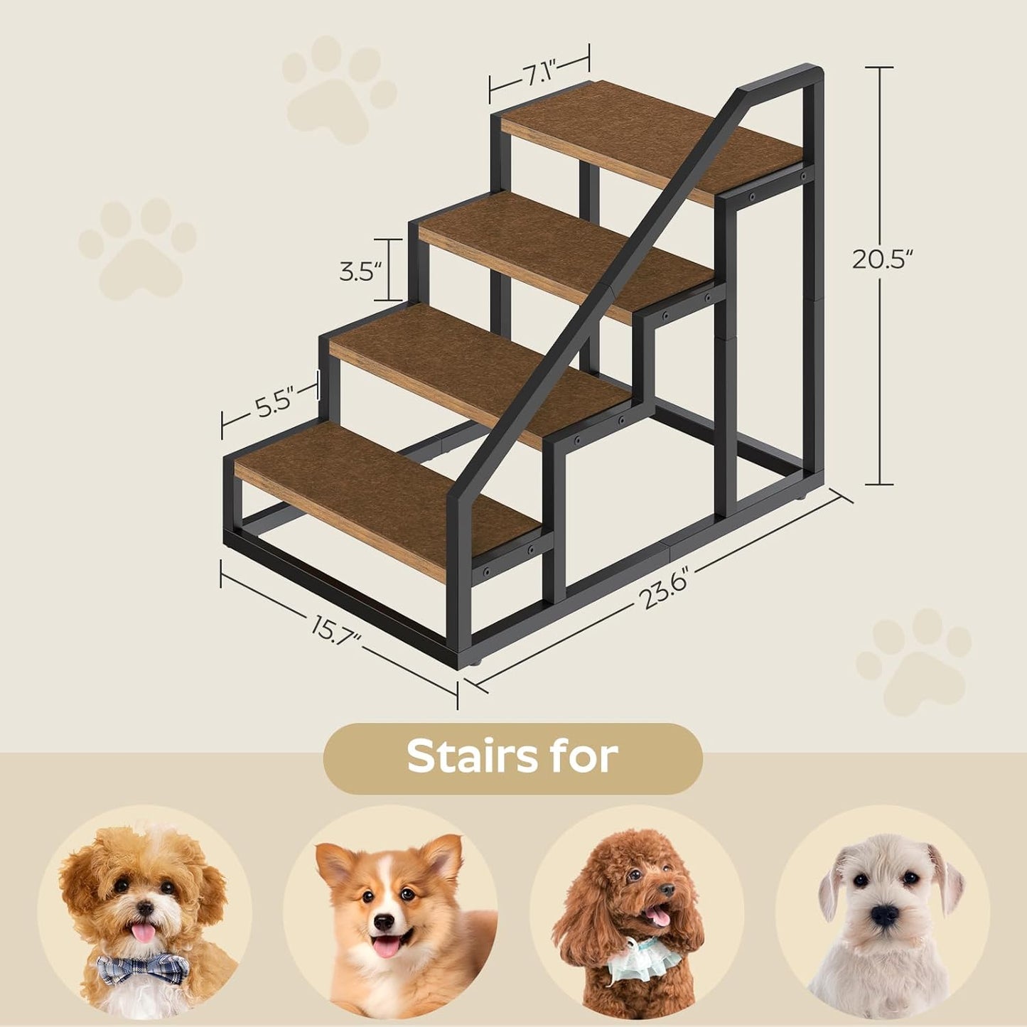 YATINEY Dog Stairs for Small Dogs, 4-Steps Dog Steps for High Beds and Couch, 20.5”H Pet Steps with Non-Slip, Rustic Brown and Black LT01BR
