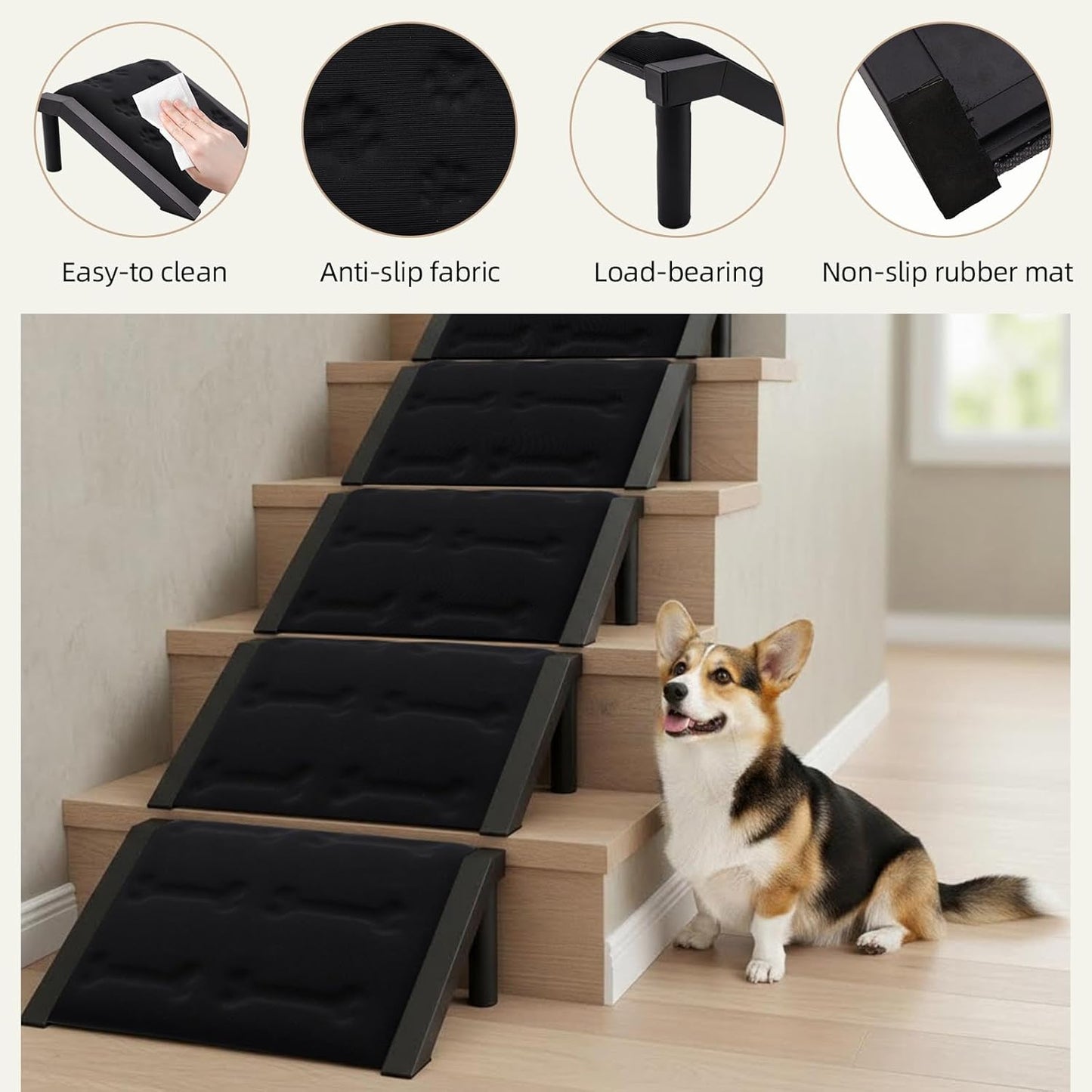 Dog Ramp for Stairs – Non-Slip Pet Ramp for Small, Short-Legged & Senior Dogs – Sponge Padding Surface + 200-lb Heavy-Duty Metal Frame – Small Dogs Climb Safely – Indoor/Outdoor Steps (Bone-（2-Pack)