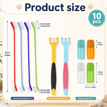 10 Pack Dog Tooth Brushing Kit, Pet Dog Toothbrush 2 Triple Head Pet Toothbrushes 360 Degree Finger Toothbrushes 4 Double Head Tooth Brush Dental Cleaning Brushes for DogCat Oral Dental Health