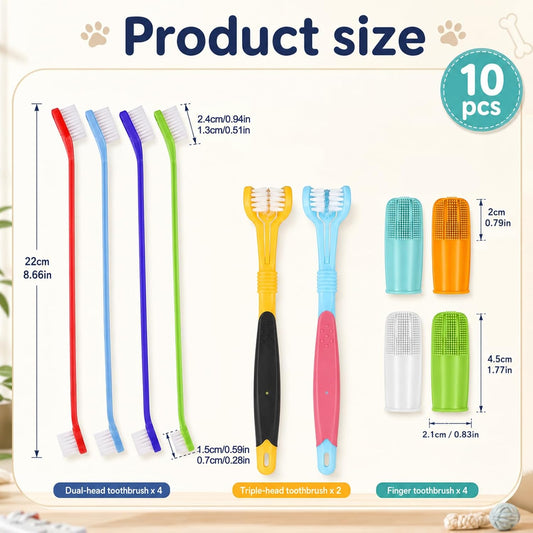 10 Pack Dog Tooth Brushing Kit, Pet Dog Toothbrush 2 Triple Head Pet Toothbrushes 360 Degree Finger Toothbrushes 4 Double Head Tooth Brush Dental Cleaning Brushes for DogCat Oral Dental Health