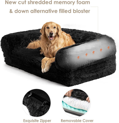 EHEYCIGA Foldable XXL Dog Bed for Large Sized Dog, 54"x38"x7.5" Faux Fur Fluffy Pet Couch Bed, Orthopedic Calming Memory Foam Big Pet Bed, Washable Pet Sofa Bed with Non-Slip Bottom, Dark Grey