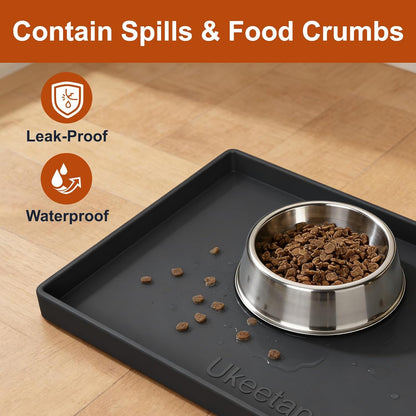 ukeetap Extra Thick Silicone Mat Waterproof with Raised Edge 19” x 12”, BPA Free Non-Slip Dog & Cat Food Mat, Feeding Mat for Food and Water Bowls, Spill Proof Mat to Protect Floors, Gray