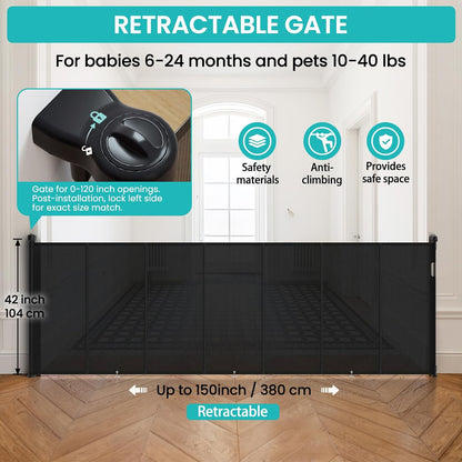 Upgrade Retractable Baby Gates Extra Wide (150" W x 42" H), 150 inch Reinforced Retractable Dog Gate to Prevent Crawling Through, Retractable Gate Outdoor/Indoor, Real One-Handed Operation, Black