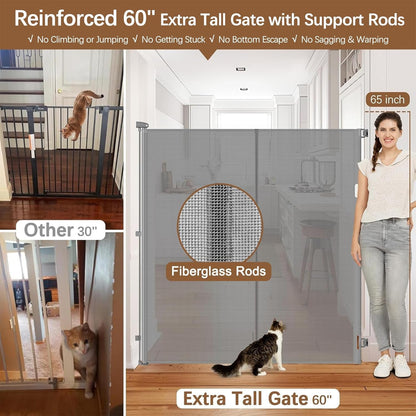 Reinforced 60 Inch Extra Tall Cat Gate Retractable Dog Gate - No Jumping Over/Crawling Under, 55" Wide Retractable Baby Gates for Cats with Reinforced Rods, 5ft Tall Dog Gate Indoor Cat Barrier/Black