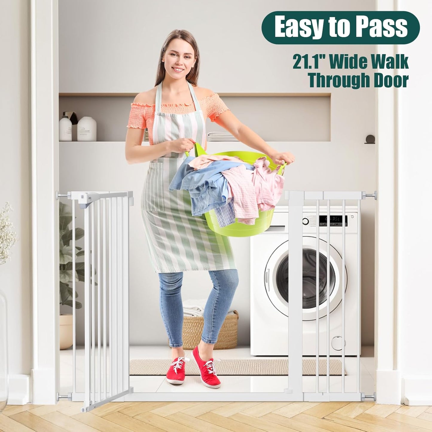 keny 29.7"-46" Baby Gate for Stairs, Auto Close Dog Gates for Doorways, Pressured Mounted No Drilling Pet Gate Extra Wide, One-Hand Opening Dual Lock Stair Gate, Indoor Kids Necessities, Black