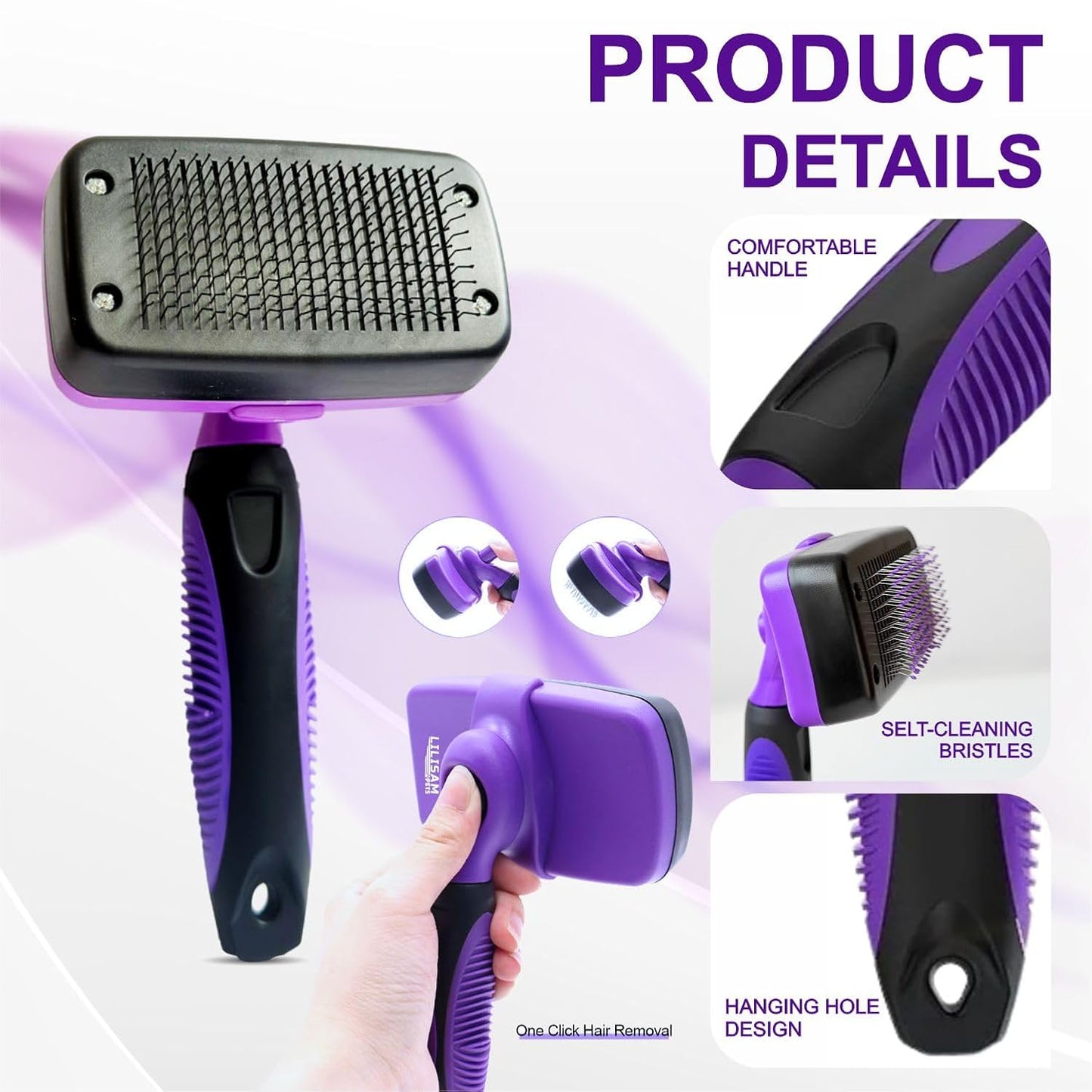 Pet Self Cleaning Slicker Brush and Grooming Comb - Gently Removes Loose Hair, Tangles, and Dirt - Skin Friendly Deshedding Grooming Tool for Hair Dogs & Cats - Pet Supplies Accessories (Purple)