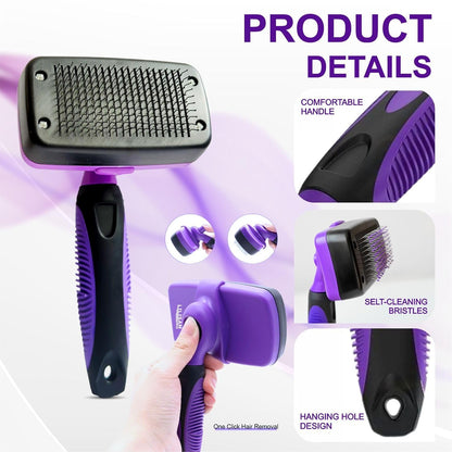 Pet Self Cleaning Slicker Brush and Grooming Comb - Gently Removes Loose Hair, Tangles, and Dirt - Skin Friendly Deshedding Grooming Tool for Hair Dogs & Cats - Pet Supplies Accessories (Purple)