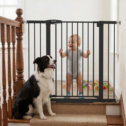 Mumeasy 29.7-46" Baby Gate for Stairs, Pressure Mounted Dog Gate for Doorways, Auto Close Walk Through Pet Gate Indoor, Extra Wide Metal Child Safety Gate, Mom's Choice Awards Winner, Black