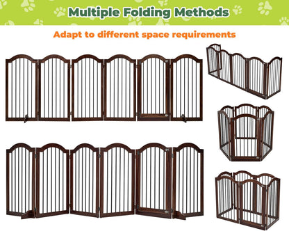 PrimeZone 144" Extra Wide Dog Gate - 36" Tall 6-Panel Solid Acacia Wooden Freestanding Puppy Gates with Door, Foldable Indoor Pet Fence for Doorways, Stairs, Support Feet Included, Brown