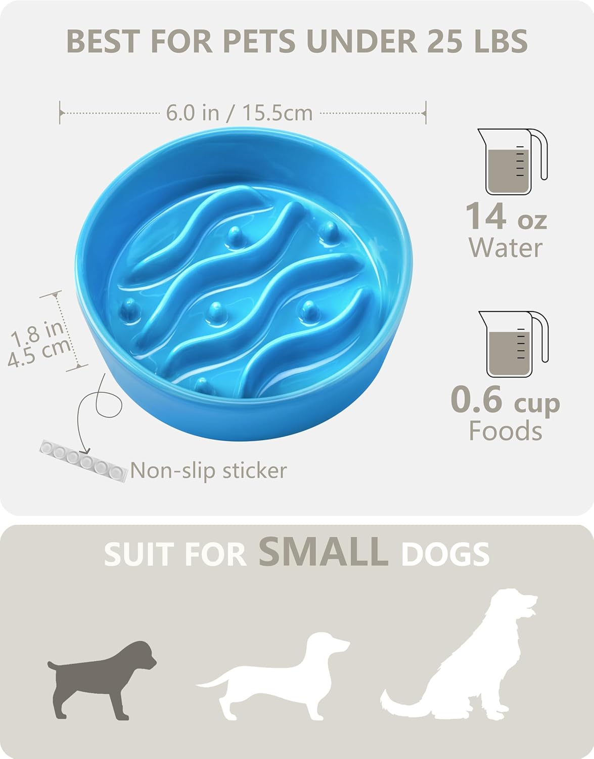 Ceramic Slow Feeder Dog Bowls for Medium and Large Dogs, 2.0 Cups Dog Slow Feeder for Fast Eater, 30oz, 8in, White