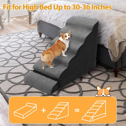 A.FATI Dog Stairs 30 Inches High for 30-36 Inch High Bed, 6-Tier 3-in-1 Foam Pet Steps with Non-Slip Bottom, Detachable Washable Cover, Dog Ramp for Small Old Short-Legged Dogs Up to 50 Lbs
