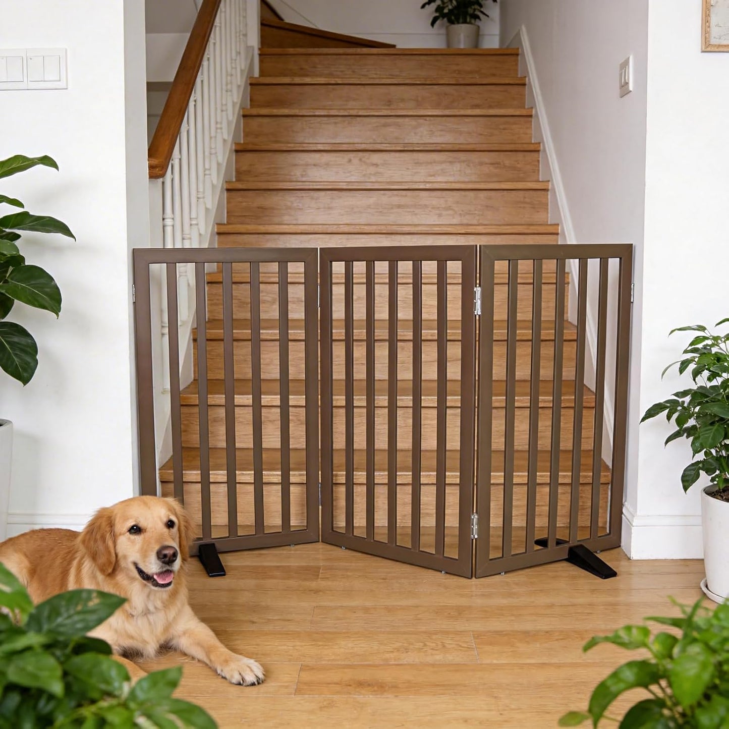 ZJSF Freestanding Indoor Dog Gate for House Foldable Wood Puppy Gate for Doorways Pet Gate for Stairs Extra Wide Pet Fence, Brown, 24" Height 3 Panels
