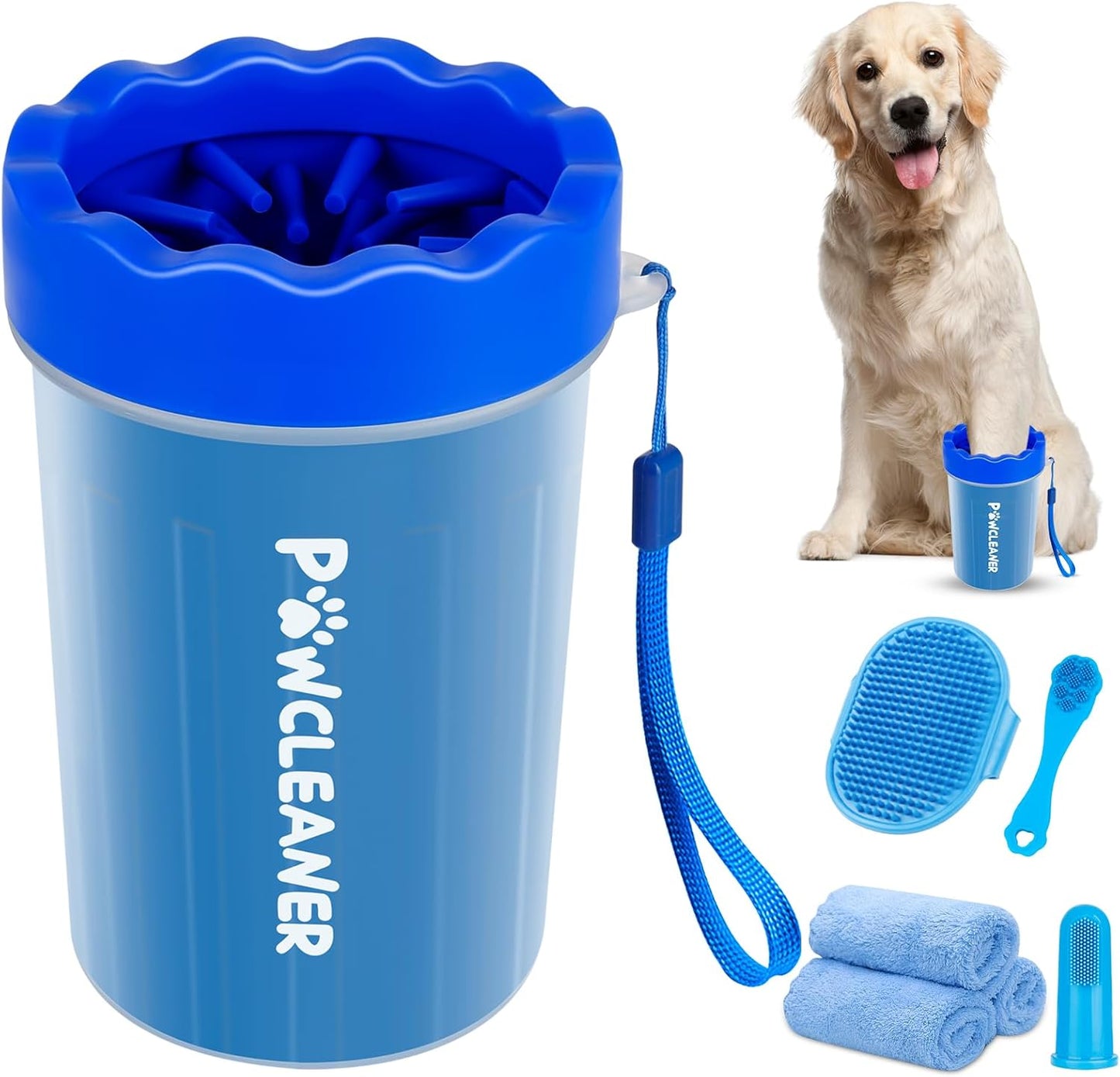 Professional 7 in 1 Dog Paw Cleaner for Dogs & Cats - Includes 1 Portable Paw Washer, 1 Bath Brush, 2 Dog Toothbrushes and 3 Absorbent Towels Note: Fits Paws up to 2 Inches Wide (Small, Blue)