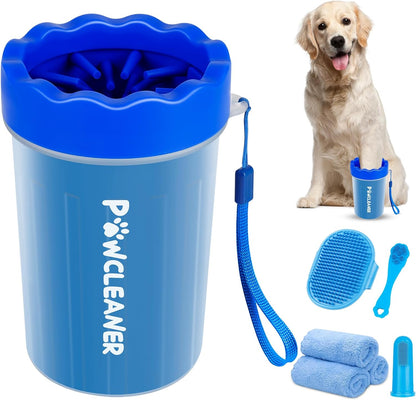 Professional 7 in 1 Dog Paw Cleaner for Dogs & Cats - Includes 1 Portable Paw Washer, 1 Bath Brush, 2 Dog Toothbrushes and 3 Absorbent Towels Note: Fits Paws up to 2 Inches Wide (Small, Blue)