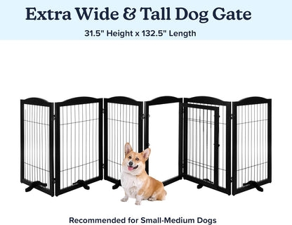 Pet Gate - 6-Panel Indoor Folding Dog Fence for Stairs or Doorways - 133x32-Inch Freestanding Play Pen with Support Feet by PETMAKER (Black)