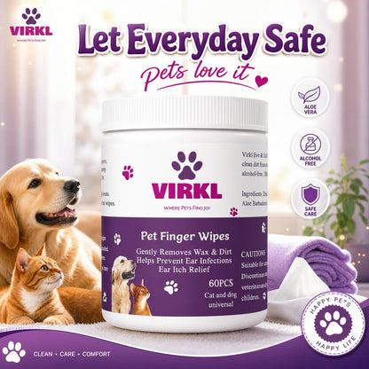 Pet Finger Wipes for Dogs & Cats – Ear, Eye and Teeth Cleaning Wipes – Alcohol-Free, Fragrance-Free, Plant-Based Grooming Wipes for Sensitive Pets – 60 Count