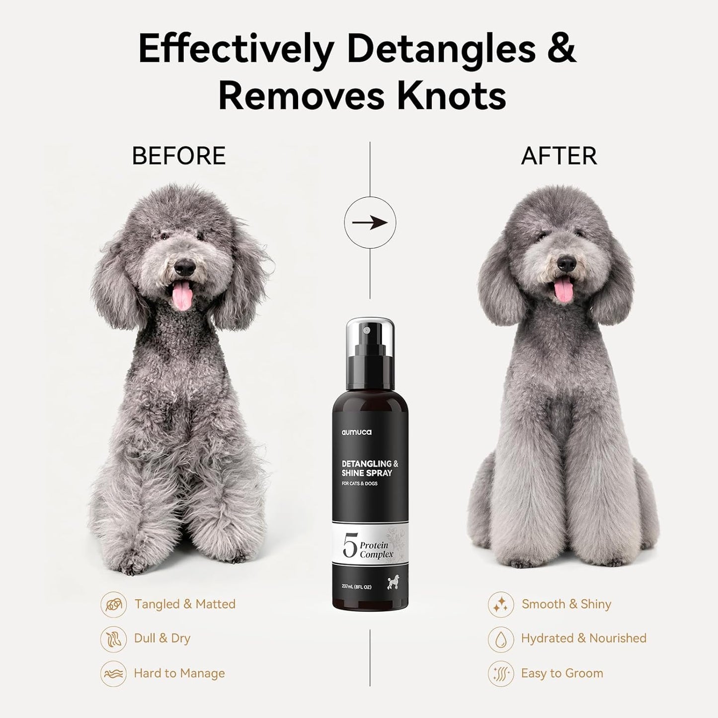 aumuca Dog Detangling & Shine Spray – Leave-in Conditioner & Dematting Spray for Doodles, Cats & Horses Without Buildup | 5-Protein Complex for Deep Repair & Enhanced Shine | 8 Fl Oz (Meadowfoam)