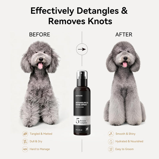 aumuca Dog Detangling & Shine Spray – Leave-in Conditioner & Dematting Spray for Doodles, Cats & Horses Without Buildup | 5-Protein Complex for Deep Repair & Enhanced Shine | 8 Fl Oz (Meadowfoam)