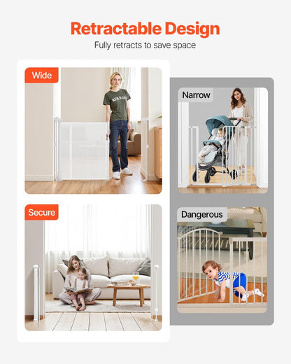 VEVOR Retractable Baby Gate, 34 inch Tall, Extends up to 110 inch Wide, Retractable Gate for Kids or Pets, Mesh Material, Easy to Install for Indoor Stairs, Doorways, Hallways, Playrooms, Gray