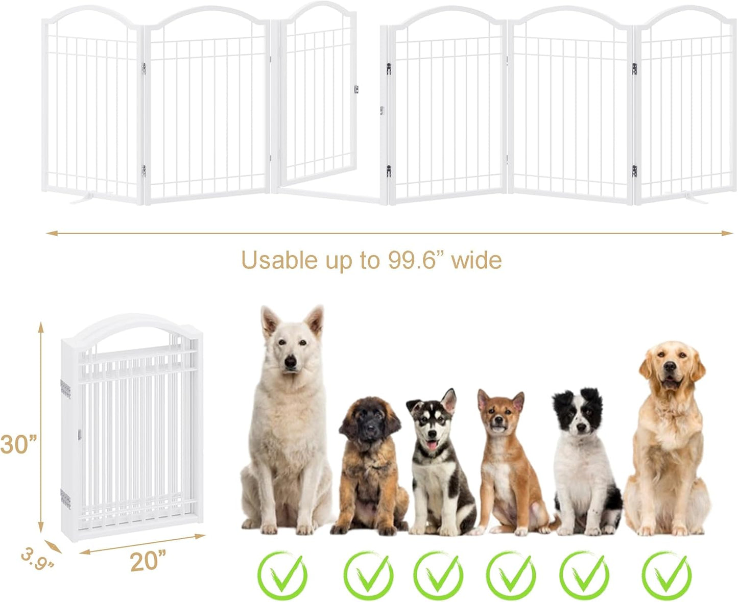 BHG Metal No-Assembly Freestanding Dog Gate with Door Walk Through, Extra Wide 144", Extra Tall 32" Pet Gate, Accordion Puppy Folding Playpen Dog Fence, with 2PCS Support (Black, 6 panesl)