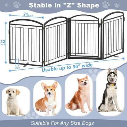 Full Metal Free Standing Dog Gate with Door for Indoor & Outdoor,96'' Extra Wide 32'' Tall Dog Gate for The Doorways,Large Openings,Decks,Porch,Pet Freestanding Safety Fence(4 Panels,Black)