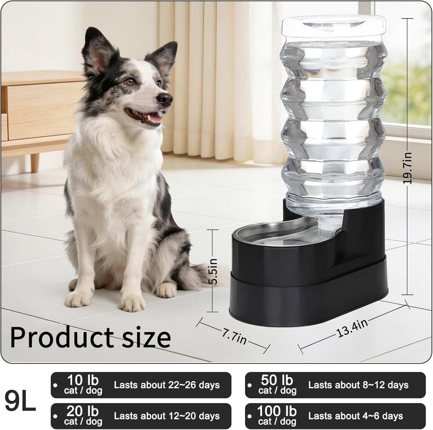RIZZARI 8L Elevated Pet Water Dispenser – Stainless Steel Gravity Waterer with Auto-Refill Design for Medium and Large Dogs & Senior Pets -Comfortable Drinking Height for Living Rooms,Multi-Pet Homes