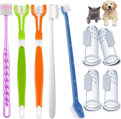 9-Pack Dog Toothbrush Kit, Triple Head & Double Head Dog Toothbrush, 360 Finger SiliconeToothbrush, Multi-Angle Dental Cleaning Brushes for Cat Oral Health