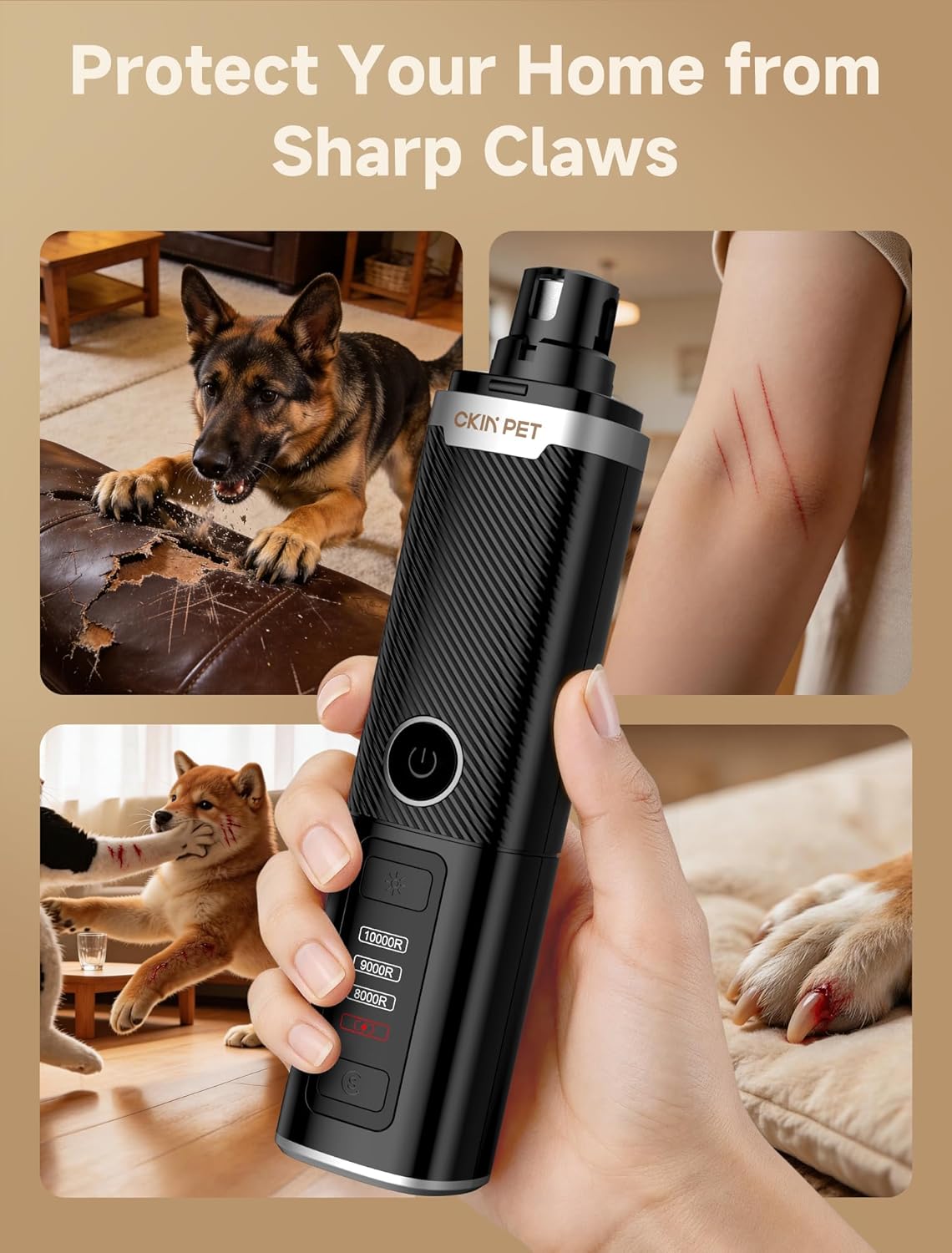 Dog Nail Grinder, Quiet Electric Dog Nail Trimmer with 2 LED Lights, 3-Speed Pet Nail Grinder for Dogs & Cats, Rechargeable 2000mAh Nail Grinder for Small Medium Large Dogs with Light, White