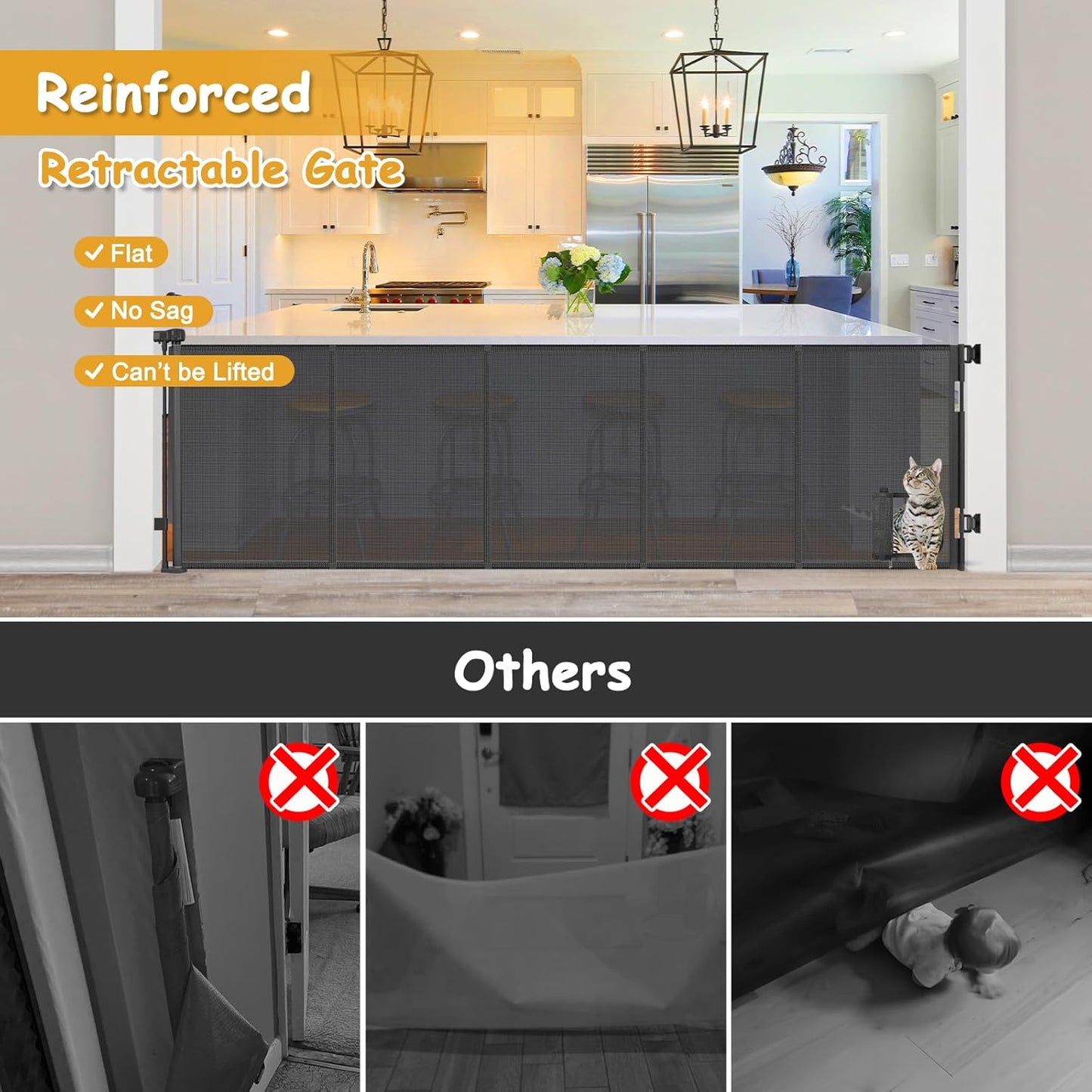 Reinforced 120 Inch Wide Retractable Baby Gates Extra Wide Pet Gate with Cat Door 10ft Extra Long Baby Gates for Large Openings 33 Inch Tall Reinforced Strips Retractable Dog Gate with Cat Door, Black