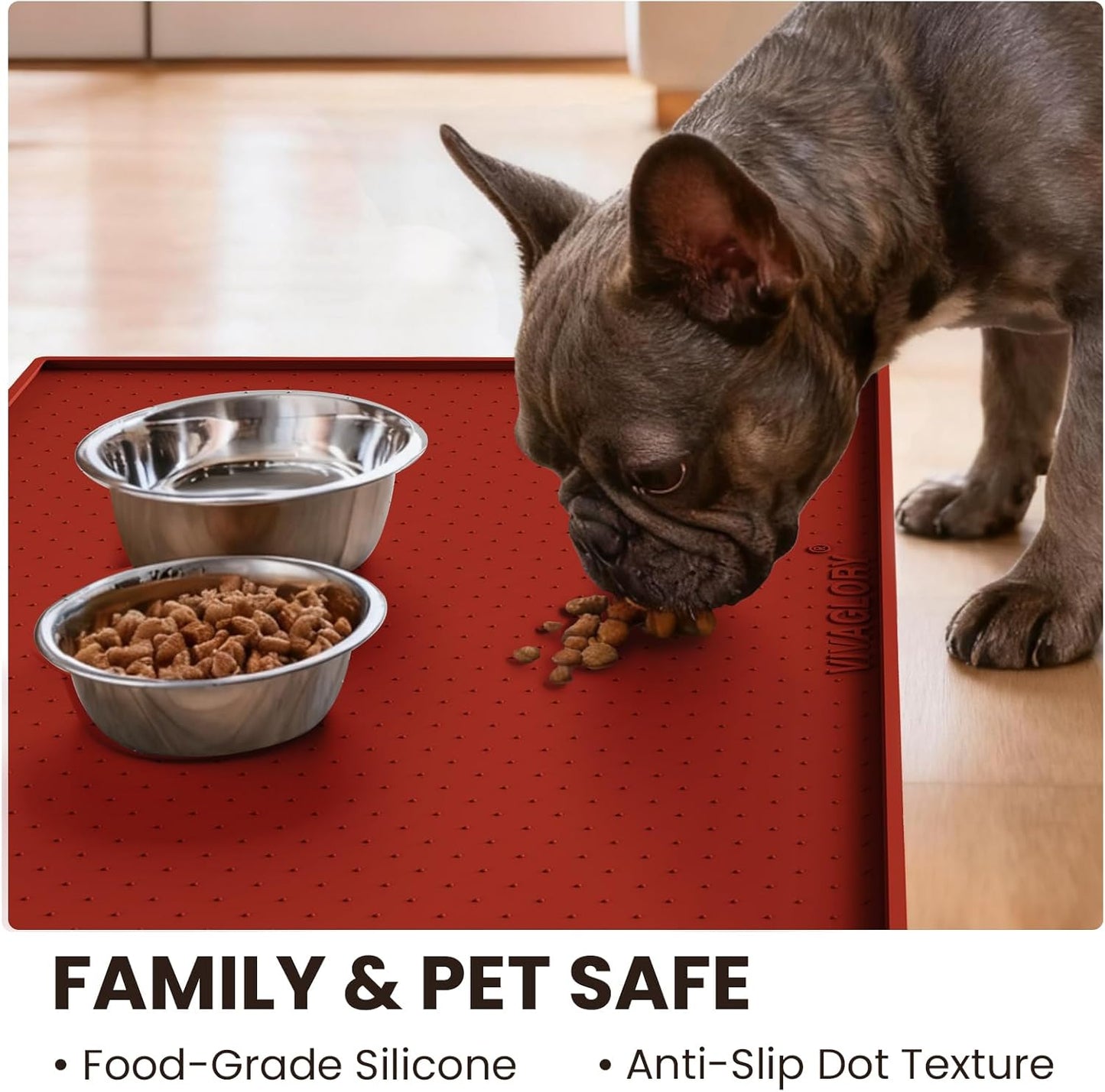 VIVAGLORY Dog Bowl Mat Grippymat Pet Food Mat, Waterproof Washable Nonslip Silicone for Pet & Cat, Food and Water Placemat with Lip & Raised Edges for Indoor Floor, S, Grey