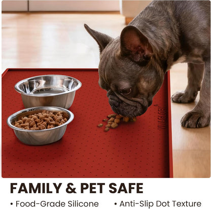 VIVAGLORY Dog Bowl Mat Grippymat Pet Food Mat, Waterproof Washable Nonslip Silicone for Pet & Cat, Food and Water Placemat with Lip & Raised Edges for Indoor Floor, S, Grey