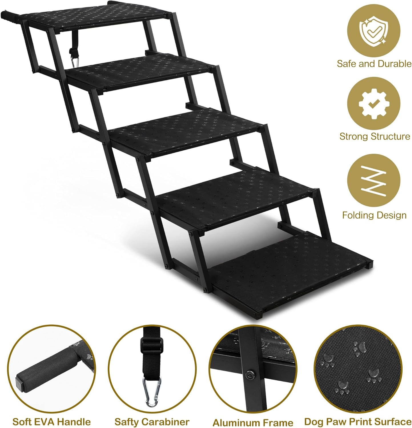Dog Stairs for Car - Foldable Dog Ramps for Large Dogs with Non Slip Surface, Portable Dog Steps for Cars and SUV, Truck, Support Up to 200 Lbs