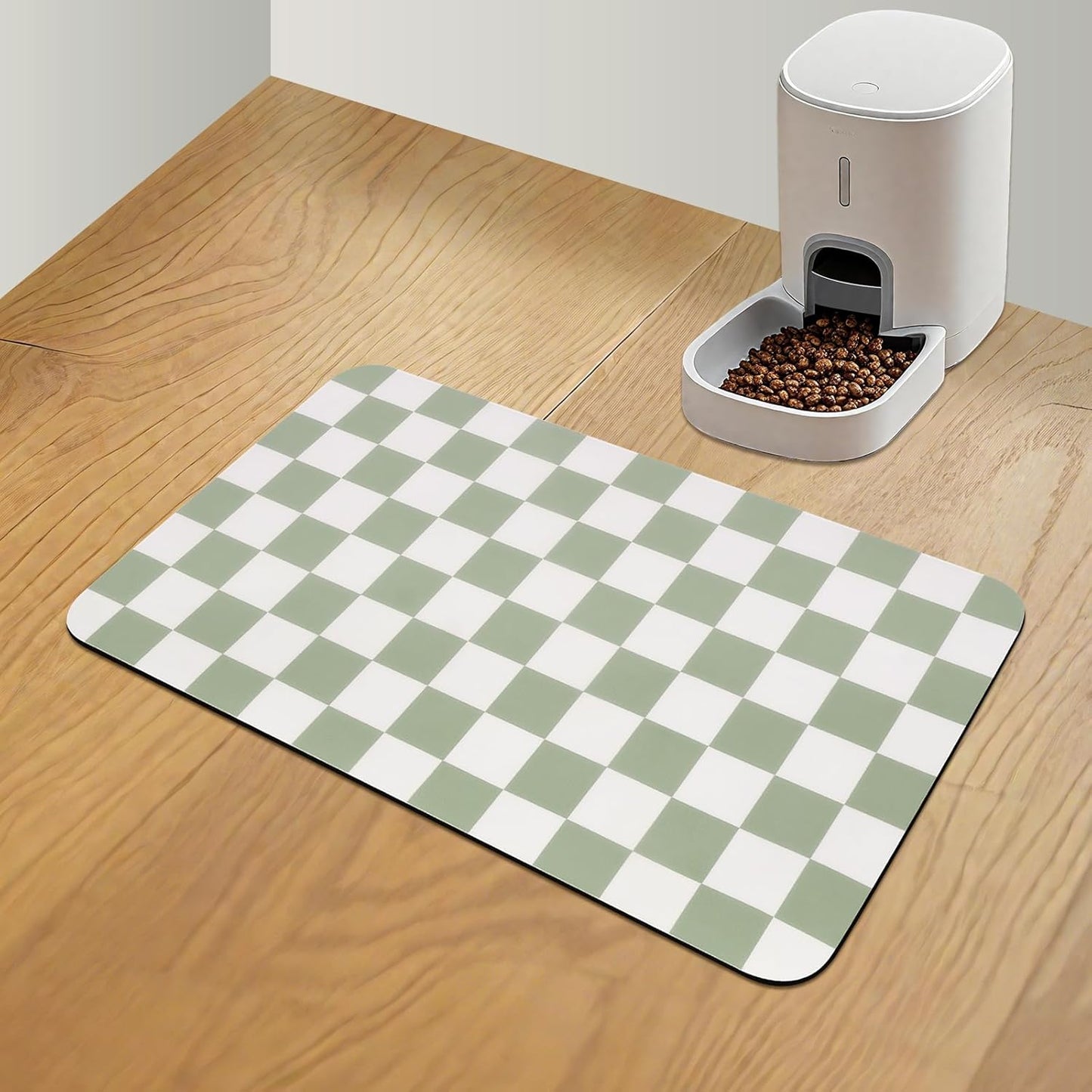 CooRug Checkered Dog Food Mat, Absorbent Leak-Proof Pet Feeding Mat, Quick Dry Cat Food Mat for Messy Drinkers 12" x 20" Khaki
