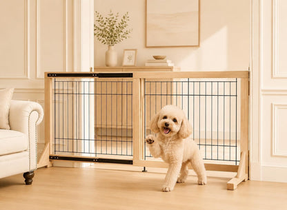 Extra Wide Freestanding Dog Gate, Adjustable Width 31.5"–61", 19.7" Tall Indoor Pet Gate for Kitchen, Living Room & Stairs, Wooden Metal Frame No-Drill Pet Barrier