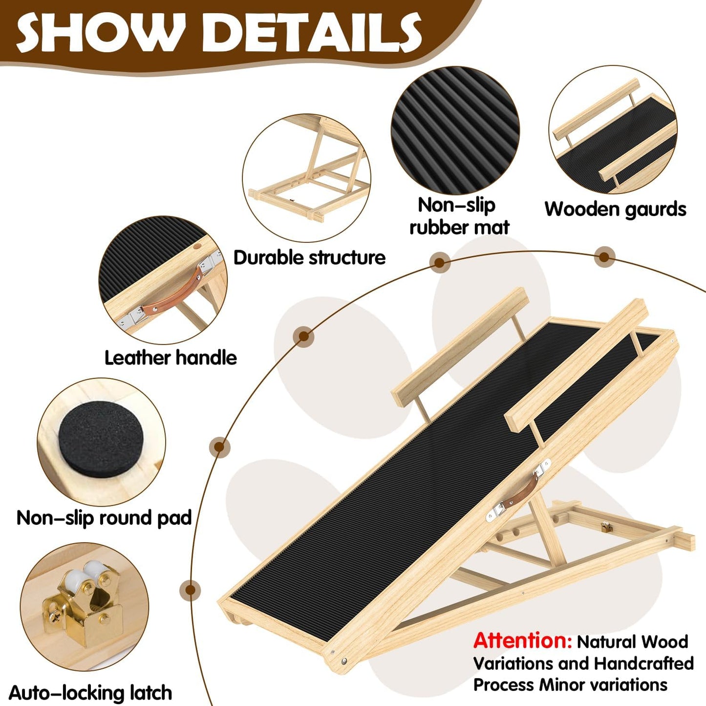 Dog Ramp for Couch with Non-Slip Silicone Mat, 39" Wooden Pet Ramps for Small Dogs, Hold up to 100lb, Adjustable Height from 11.41" to 20.47", Portable Stable Pet Step for Sofa Stairs